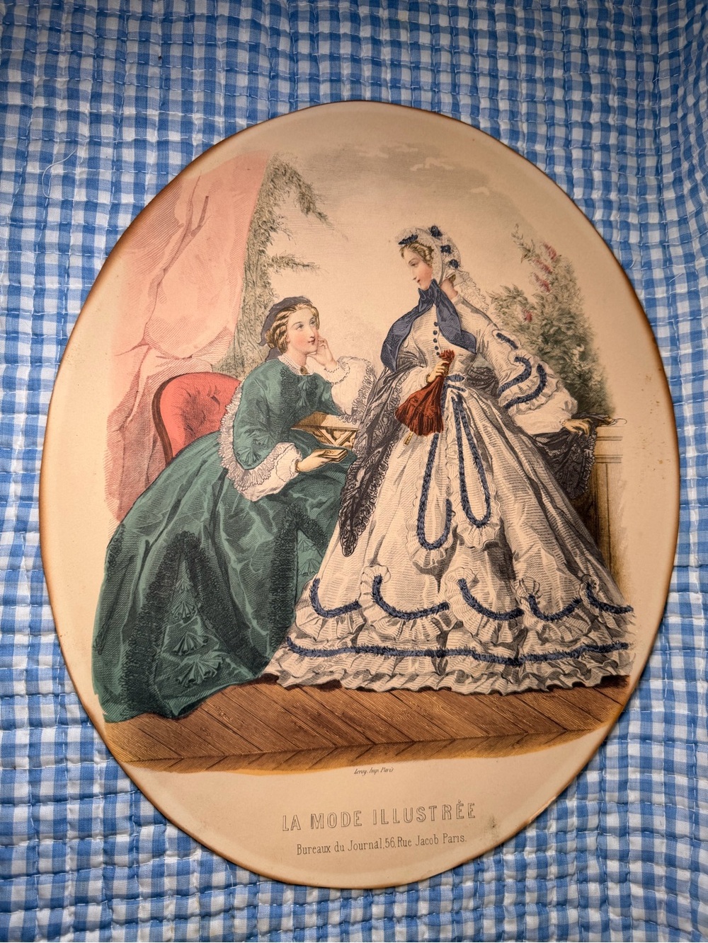 Vintage La Mode Illustrée French Fashion Plate Oval Paper Print Art